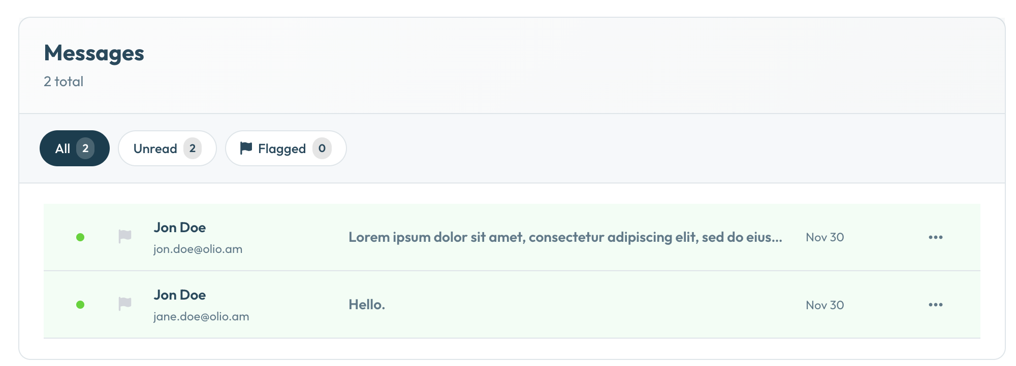 Olio contact inbox showing visitor messages in the dashboard