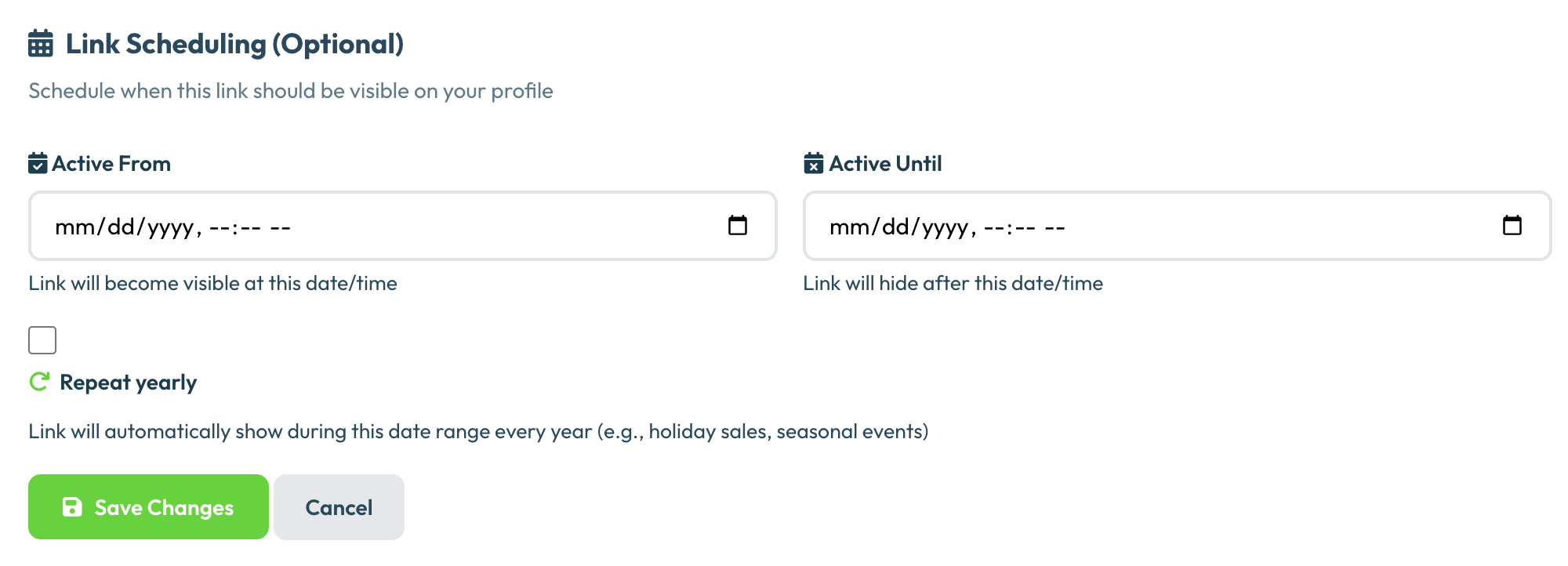 Olio link editor showing start date and end date scheduling fields