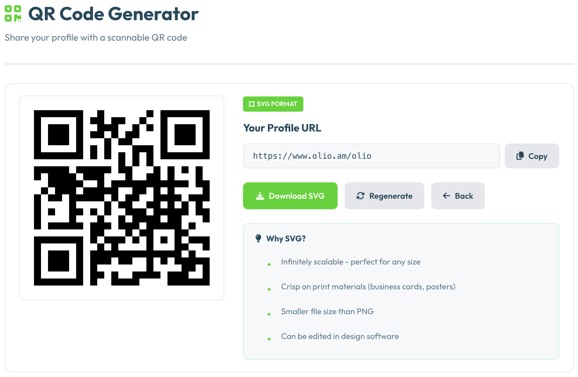 Olio QR code generator showing a downloadable QR code for your profile page